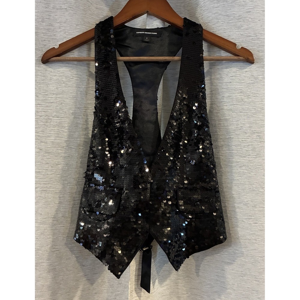 Express Black‎ Sequin Tuxedo style vest Size 2 Y2K